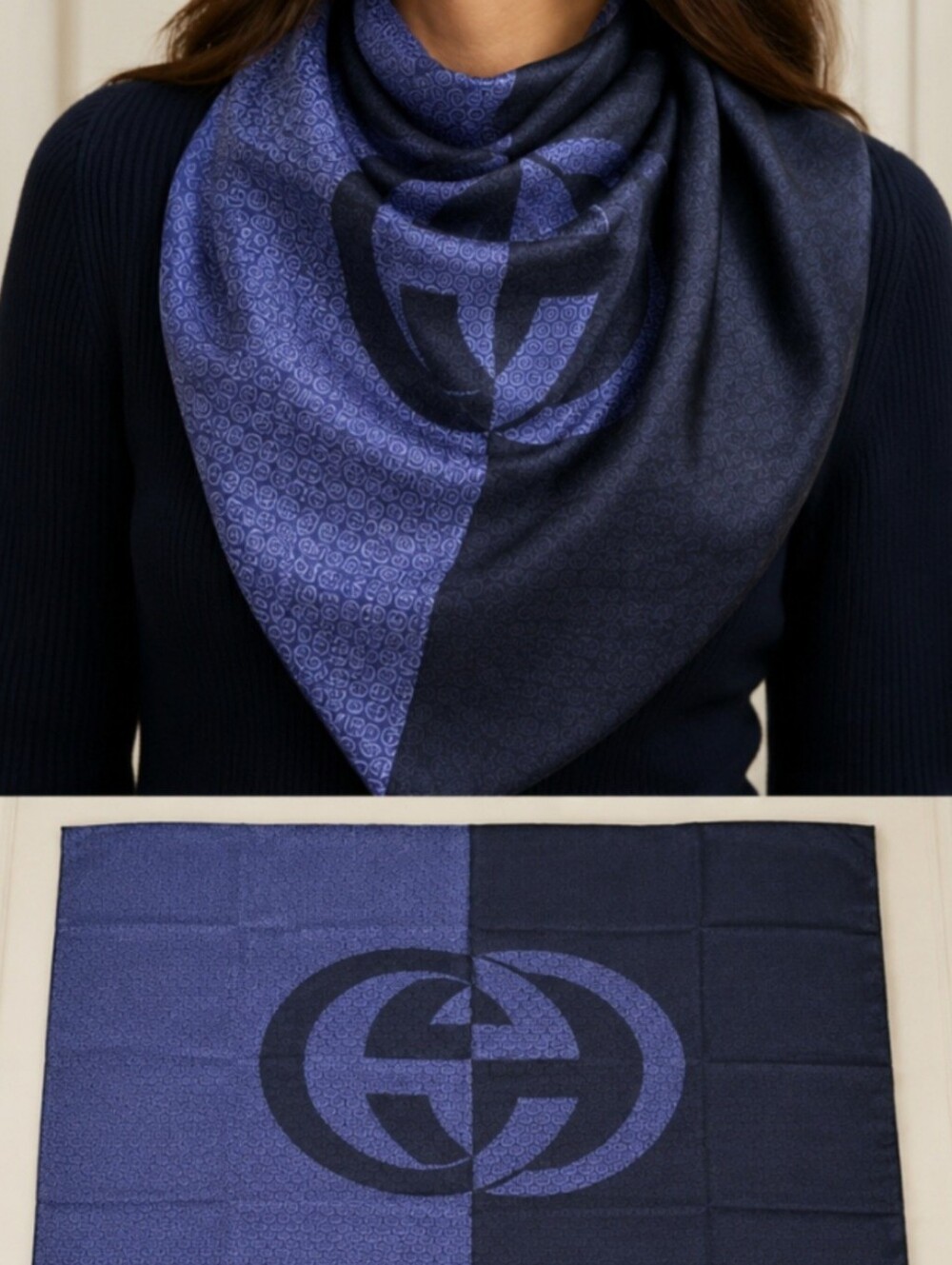 Gucci Interlocking GG Monogram Blue Two-tone Colorblock Silk Scarf